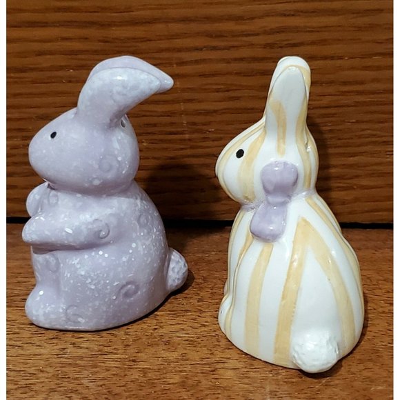 2 sets Purple & Peach Striped Quilted Bunny Mini Salt & Pepper Shakers rabbit - Picture 8 of 10